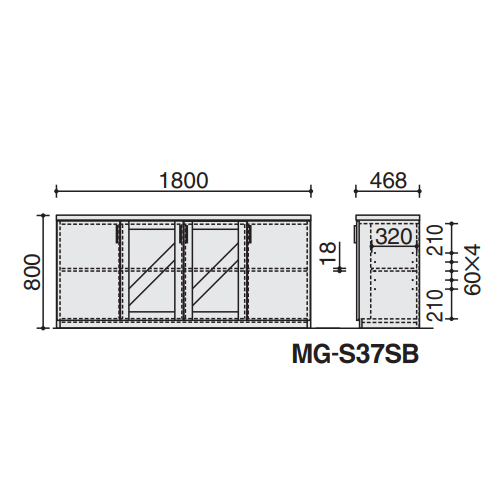 コクヨ 役員室用家具 マネージメント S370シリーズ サイドボード  W1800×D468×H800 MG-S37SB サイズ