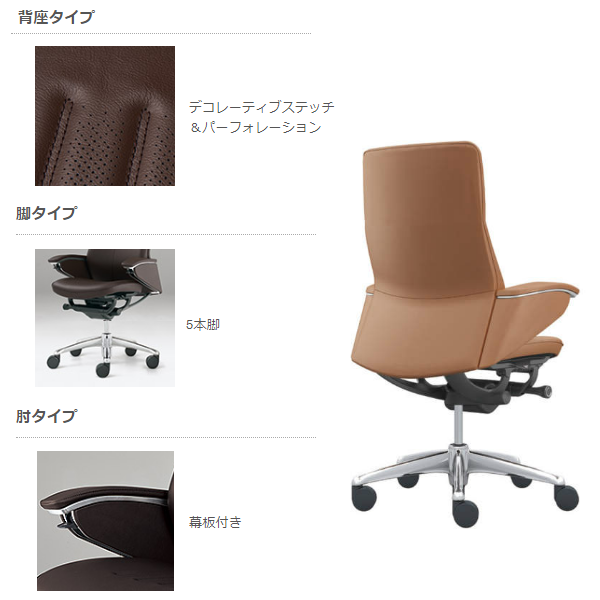 オカムラ Legendaシリーズ ハイバック 革張り 5本脚 パネル肘(デコレーティブステッチ＋パーフォレーション) CR55FR-P