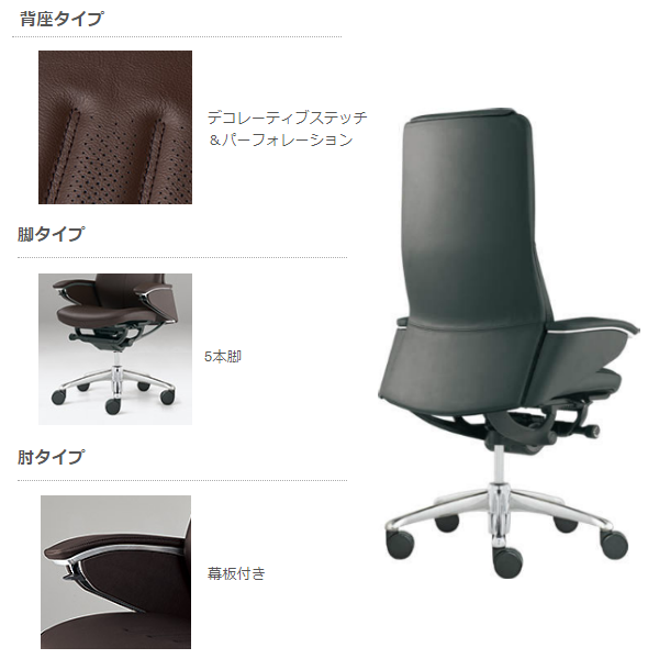 オカムラ Legenda エクストラハイバック 革張り 5本脚 パネル肘(デコレーティブステッチ＋パーフォレーション) CR57FR-P