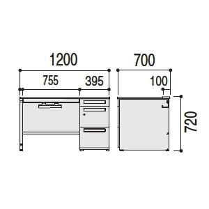 内田洋行 内田洋行 スカエナデスク Ktype 片袖デスク SK A4-3段 ロング