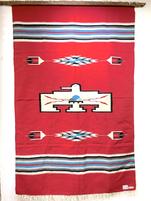 Ortega's　オルテガ　845484-014-DO　6代目当主　故デービッド・オルテガ作　1995年製　サンダーバード＋レインクラウド　手織りチマヨブランケット　132x206cm　スカーレットレッド