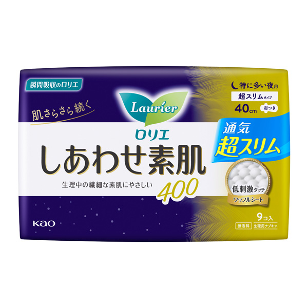 ロリエ しあわせ素肌 通気超スリム 特に多い夜用４０ｃｍ 羽つき 9個入×16パック（1ケース）花王 KO