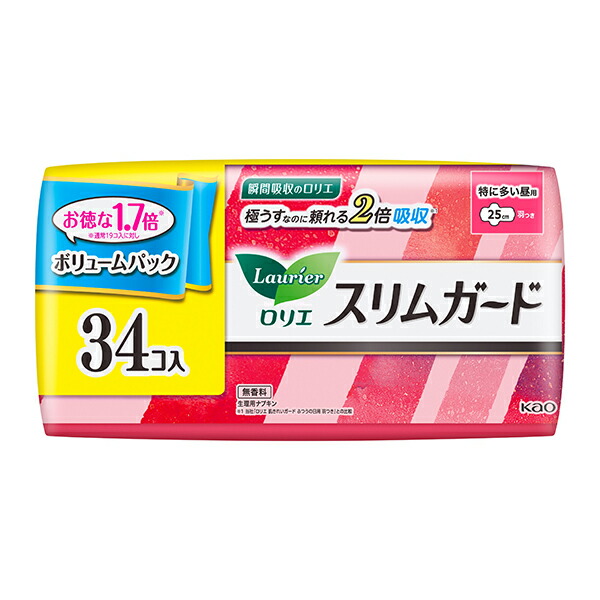 ロリエ スリムガード 特に多い昼用 25cm羽つき 34個×3パック 花王(