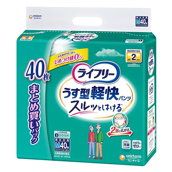 ライフリーうす型軽快パンツ M 40枚×2袋入り (1ケース)【直送品】