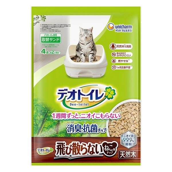 デオトイレ消臭・抗菌チップ天然木 飛び散らないねこ型チップ 4.0L×4袋入り (1ケース)