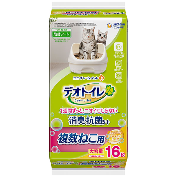 ユニチャーム　デオトイレ　複数ねこ用　ふんわり香る消臭・抗菌シートナチュラルソープの香り16枚×12袋入り(1ケース)