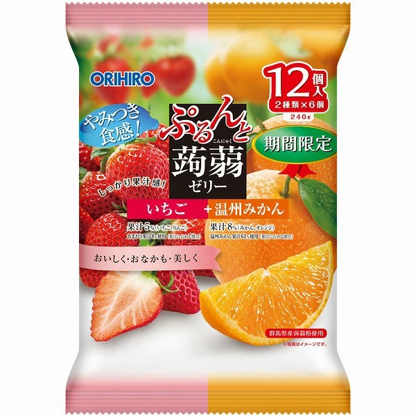 オリヒロ ぷるんと蒟蒻ゼリーパウチ いちご+温州みかん 240g(20g×12 個)×12袋入り (1ケース)