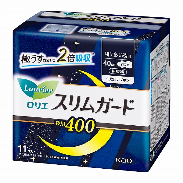 ロリエ スリムガード 特に多い夜用400 羽つき（医薬部外品）11個入×16パック（1ケース）　花王