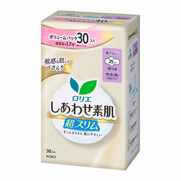 ロリエ　しあわせ素肌　ボリュームパック　通気超スリム　特に多い昼用25cm　羽つき 30個×8個入り　花王