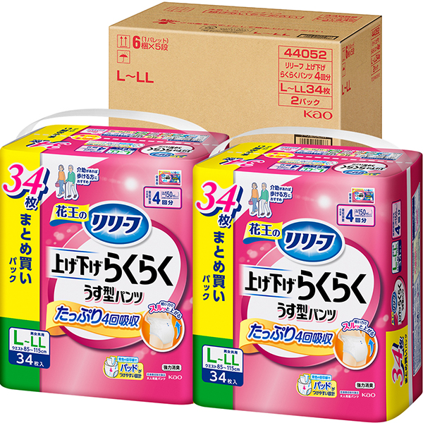 リリーフ　パンツタイプ　上げ下げらくらくうす型パンツ　4回分　Ｌ－ＬＬ 34枚　2パック(1ケース)  花王
