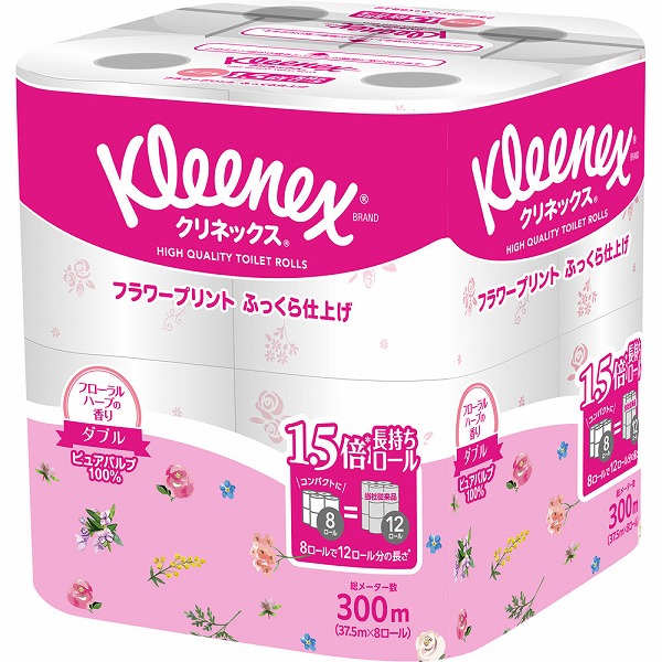 クリネックス 長持ち プリント (ダブル)＜フローラルハーブ＞ 300m (37.5m×8ロール)×8セット入り (1ケース)