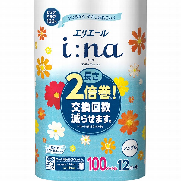 エリエール i:na (イーナ) トイレットティシュー 2倍巻 (シングル) 100m×12ロール×6セット入り (1ケース)