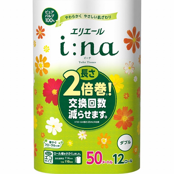 エリエール i:na (イーナ) トイレットティシュー 2倍巻 (ダブル) 50m×12ロール×6セット入り (1ケース)