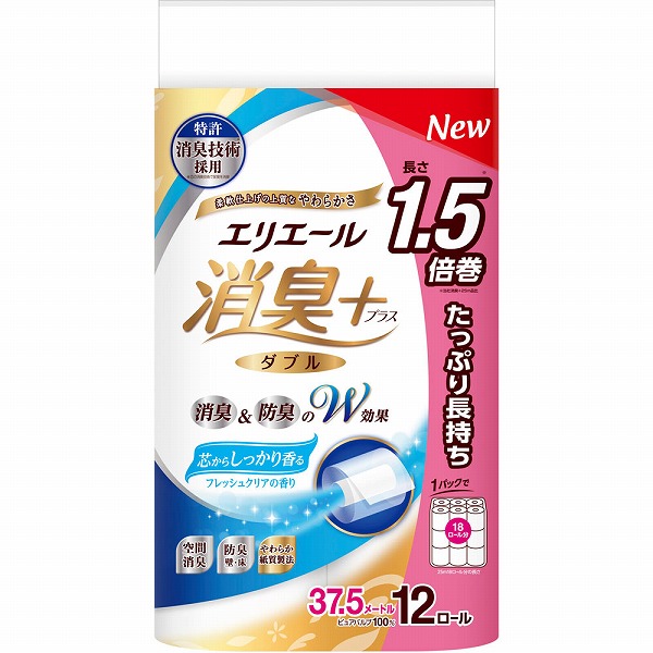 エリエール 消臭+トイレットティシュー 芯からしっかり香る フレッシュクリアの香り たっぷり長持ち (ダブル) 37.5m×12ロール×6セット入り (1ケース)