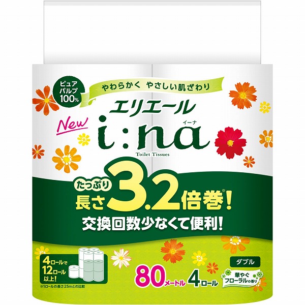 エリエール イーナトイレット Ｗ 3.2倍巻 80m×4ロール×16セット入り (1ケース)