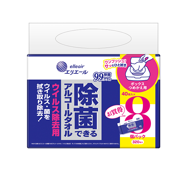 エリエール 除菌できるアルコールタオル ウイルス除去用 ボックスつめかえ用４０枚×８P（SH）