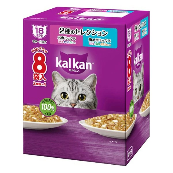 カルカンパウチ 18歳 お魚M まぐろ・かつお・たい／海の幸M まぐろ・白身魚・ほたてだし 60g×8袋×20箱入り (1ケース)