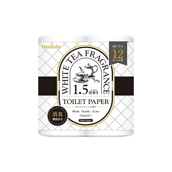 Hanataba ホワイトティ 1.5倍巻き トイレットペーパー ダブル 37.5m×8ロール×8袋入り (1ケース)