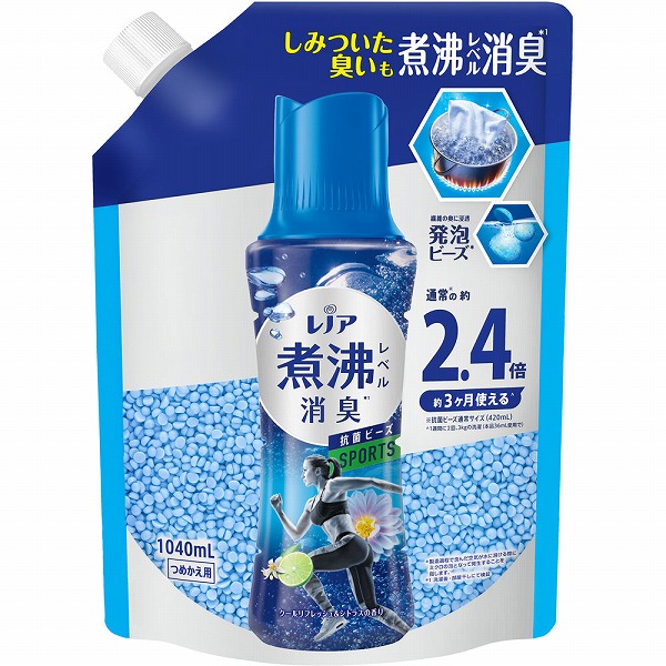 レノア煮沸レベル消臭抗菌ビーズ スポーツ クールリフレッシュ＆シトラスの香りつめかえ用特大 1040mL×7個入り (1ケース)