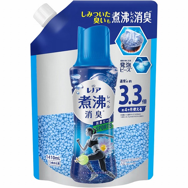 レノア煮沸レベル消臭抗菌ビーズ スポーツ クールリフレッシュ＆シトラスの香りつめかえ用超特大 1410mL×5個入り (1ケース)