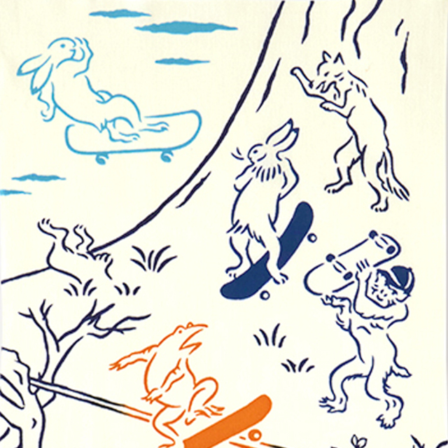 気音間　手ぬぐい　鳥獣戯画　スケートボード