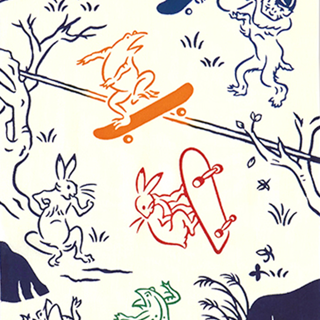 気音間　手ぬぐい　鳥獣戯画　スケートボード