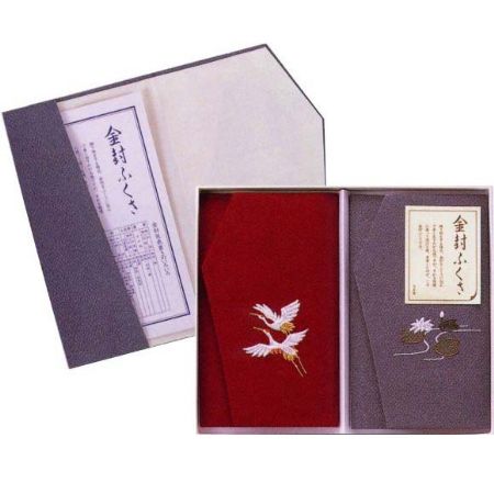 ちりめん刺繍入り金封ふくさ2枚セット(二羽鶴・エンジ/蓮・グレー)