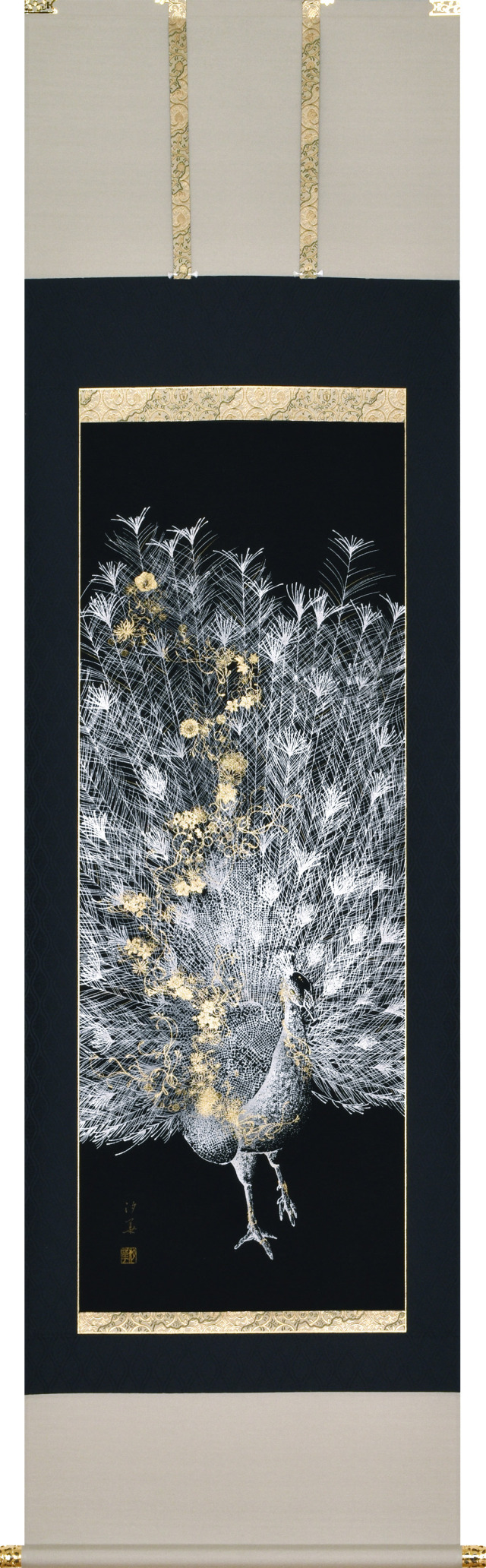 水墨画 掛軸 鳥 金箔装飾 本金箔押掛軸 孔雀美麗 ー 三宝堂オンラインショップ
