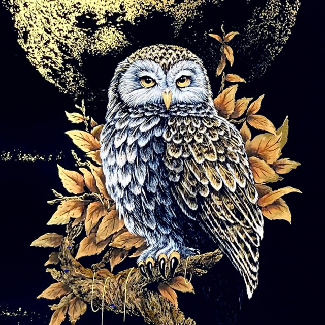 本金箔押掛軸 黄金月宵梟 西嶋和文作 300年先まで美しく残す日本の