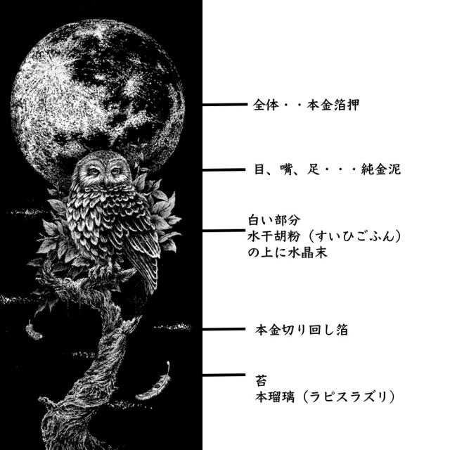 本金箔押掛軸 黄金月宵梟 西嶋和文作 300年先まで美しく残す日本の