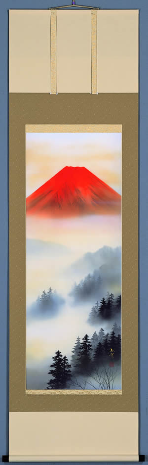 掛軸 外山寿福『朱映富獄 赤富士図』絹本 肉筆 共箱付 掛け軸 8M815 掛軸 外山寿福『朱映富獄 赤富士図』絹本 肉筆 共箱付 掛け軸