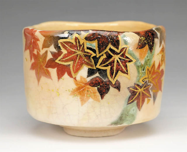 茶道具 茶碗 吉村楽入 紅葉絵 練込茶碗 共箱 2015年初春作品 楽入印 紅葉の絵 茶碗