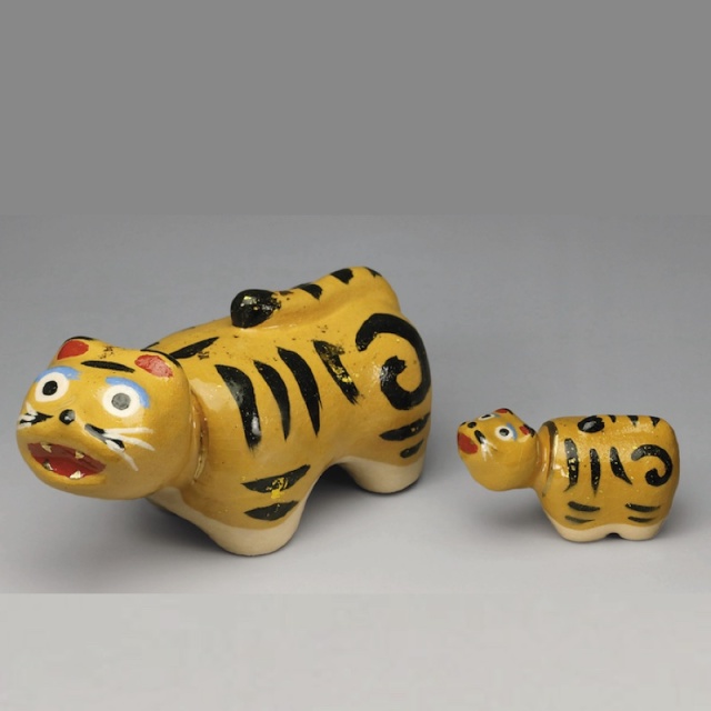 郷土玩具、張子の虎、首振り虎、竹製虎、縮緬製虎、木版手