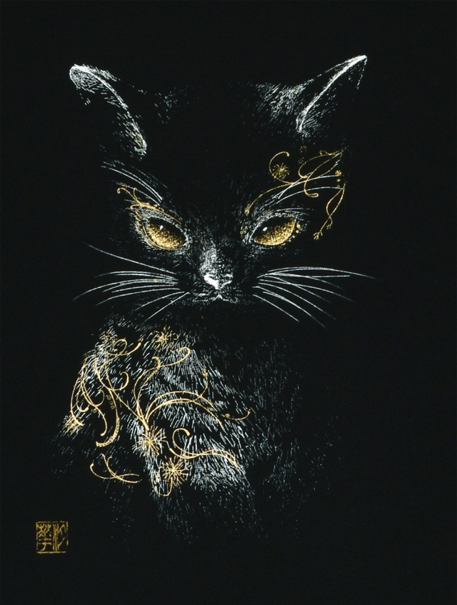 アルミ箔アート　猫 黒猫美麗 額装 田畑汐華作 静寂の中に漂う妖艶な輝き 本金箔 アルミ
