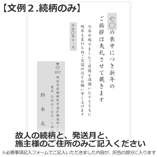 送料無料 メール便】【文例2・続柄のみ】年賀欠礼状 喪中はがき