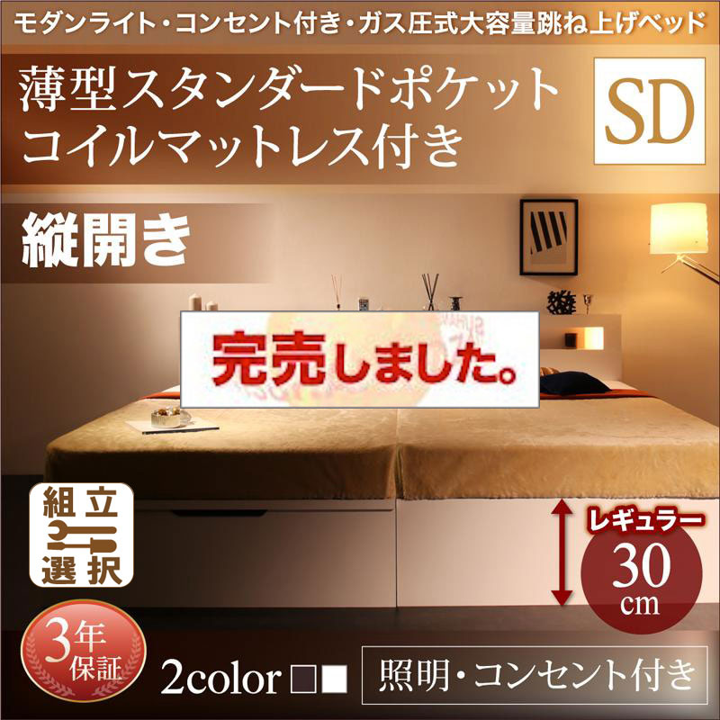 照明・コンセント付き 跳ね上げベッド 薄型スタンダードポケットマットレス付 縦開き セミダブル 深さレギュラー