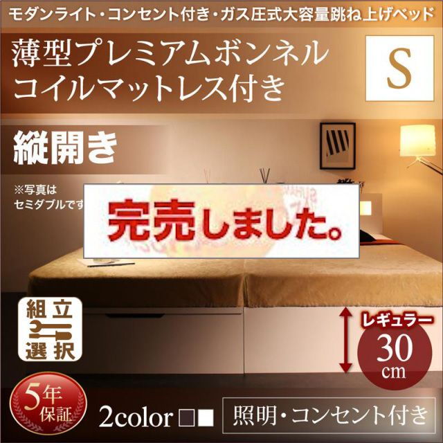 照明・コンセント付き 跳ね上げベッド 薄型プレミアムボンネルマットレス付 縦開き シングル 深さレギュラー