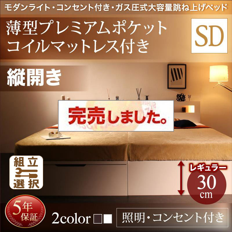 照明・コンセント付き 跳ね上げベッド 薄型プレミアムポケットマットレス付 縦開き セミダブル 深さレギュラー