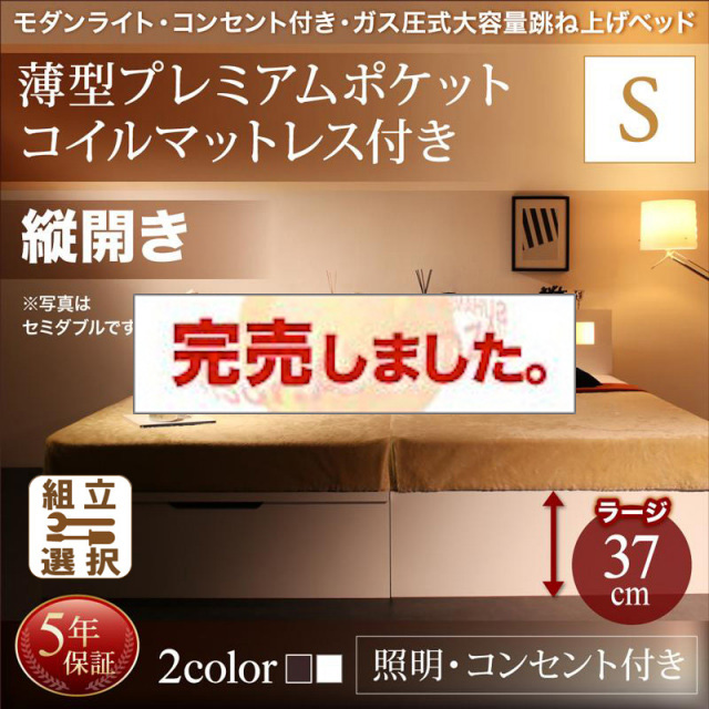 照明・コンセント付き 跳ね上げベッド 薄型プレミアムポケットマットレス付 縦開き シングル 深さラージ