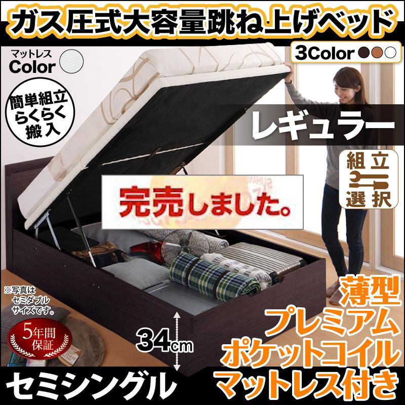 らくらく搬入 跳ね上げベッド【Free-Gate】フリーゲート 薄型プレミアムポケットマットレス付 セミシングル 深さレギュラー