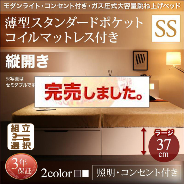 照明・コンセント付き 跳ね上げベッド 薄型スタンダードポケットマットレス付 縦開き セミシングル 深さラージ