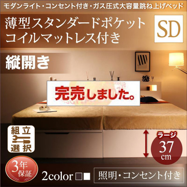 照明・コンセント付き 跳ね上げベッド 薄型スタンダードポケットマットレス付 縦開き セミダブル 深さラージ