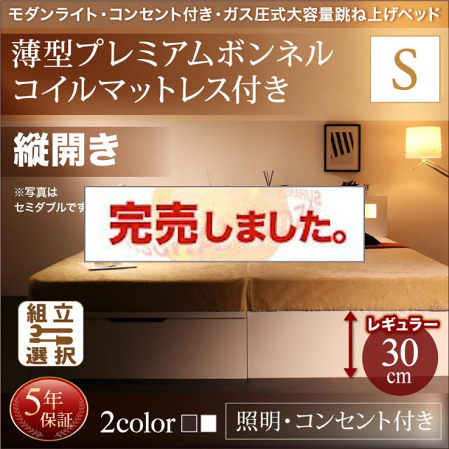 照明・コンセント付き 跳ね上げベッド 薄型プレミアムボンネルマットレス付 縦開き シングル 深さレギュラー