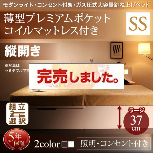 照明・コンセント付き 跳ね上げベッド 薄型プレミアムポケットマットレス付 縦開き セミシングル 深さラージ