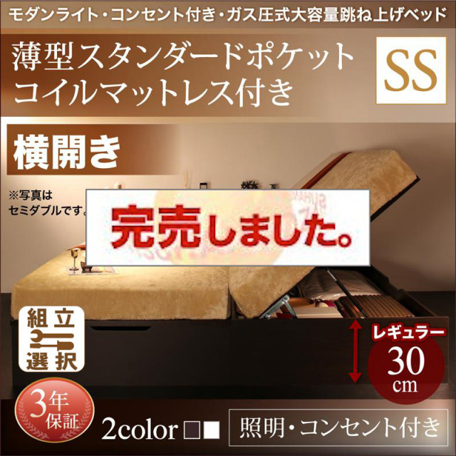 照明・コンセント付き 跳ね上げベッド 薄型スタンダードポケットマットレス付 横開き セミシングル 深さレギュラー