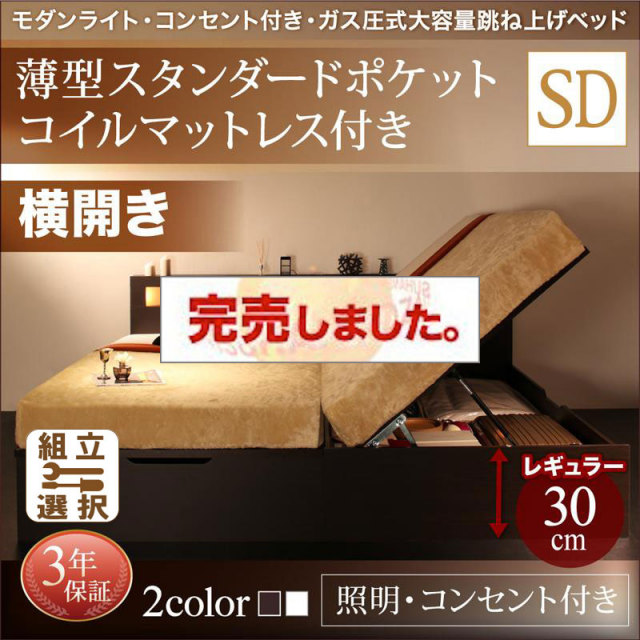 照明・コンセント付き 跳ね上げベッド 薄型スタンダードポケットマットレス付 横開き セミダブル 深さレギュラー