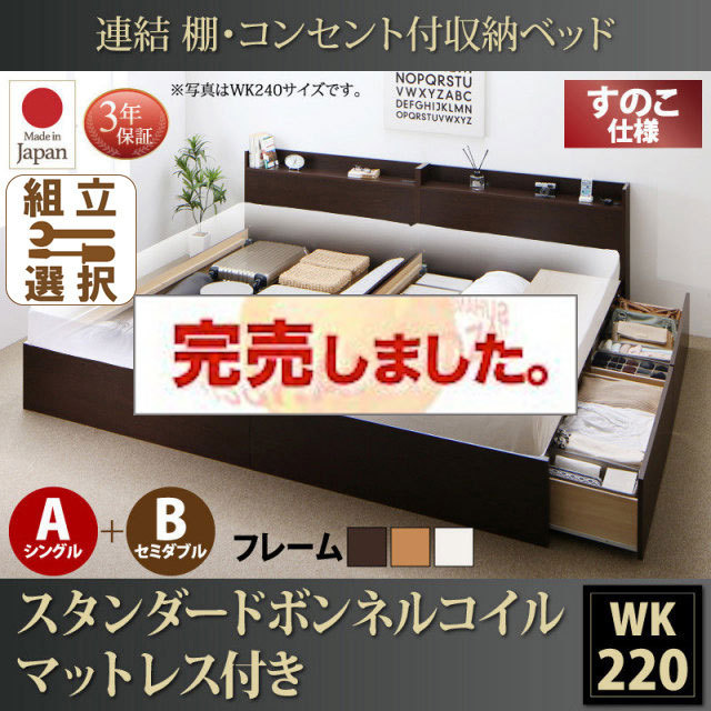 日本製 連結式収納付きファミリーベッド【Ernesti】エルネスティ スタンダードボンネルマットレス付 すのこ A(S)+B(SD)タイプ ワイドK220