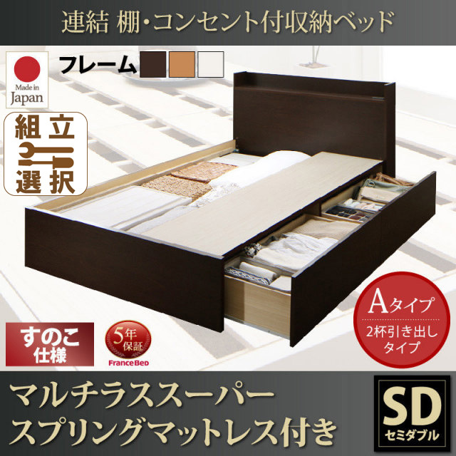 連結式収納付きファミリーベッド【Ernesti】エルネスティ マルチラスマットレス付 すのこ Aタイプ セミダブル