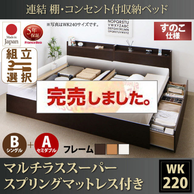 日本製 連結式収納付きファミリーベッド【Ernesti】エルネスティ マルチラスマットレス付 すのこ B(S)+A(SD)タイプ ワイドK220