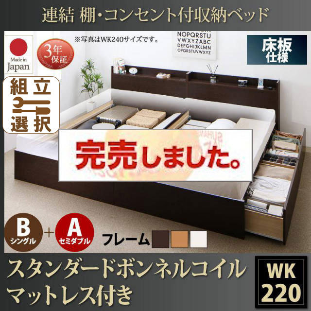 日本製 連結式収納付きファミリーベッド【Ernesti】エルネスティ スタンダードボンネルマットレス付  床板 B(S)+A(SD)タイプ ワイドK220